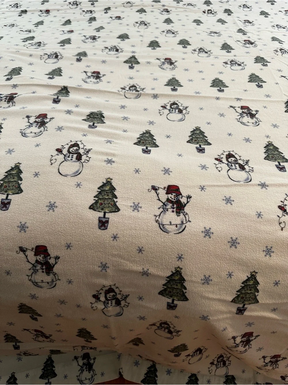 Festive Snowman & Christmas Tree Flannel Twin Flat Sheet Sears - White Base